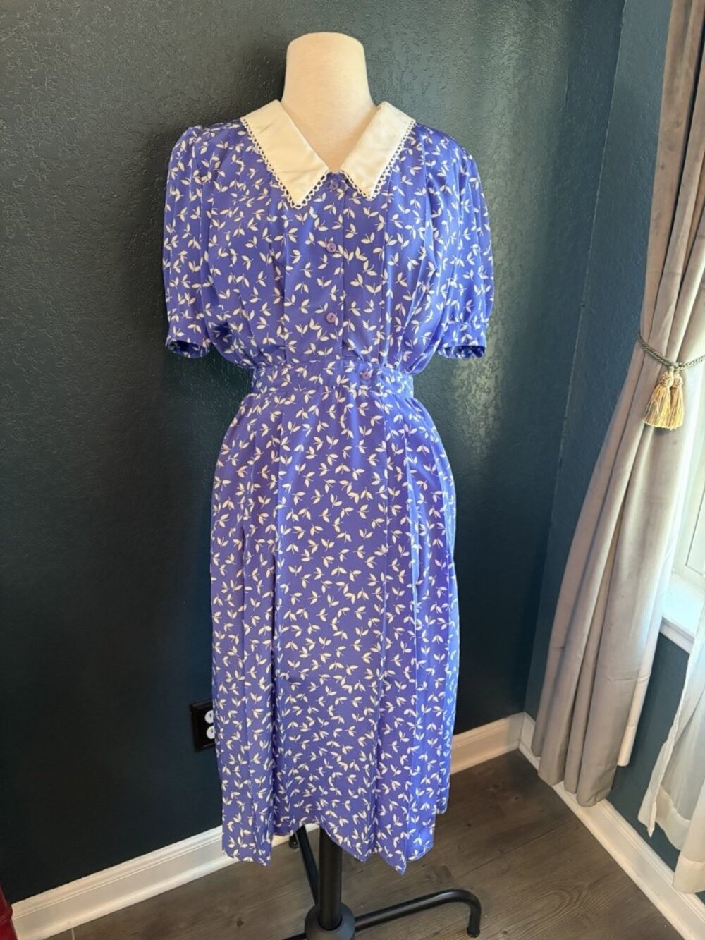 Vintage 80s Petites for Maggy Blue Leaf Motif Scalloped Collar Sz 4